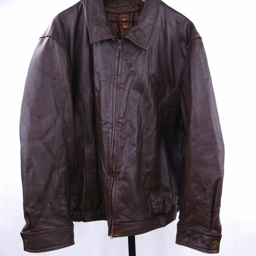 Vintage LW Genuine Leather Jacket Mens XXL Brown Full Zip Bomber Coat